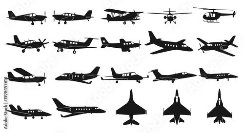 Silhouette collection of various aircraft including planes jets and helicopters