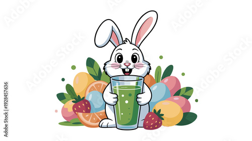 An adorable bunny holding a healthy green smoothie.