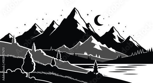 Dramatic mountain range and forest landscape under a crescent moon silhouette