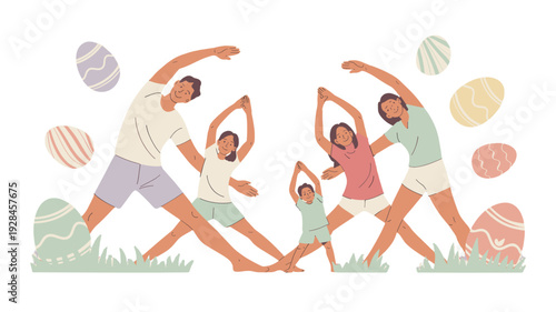 Family doing yoga in front of easter eggs.