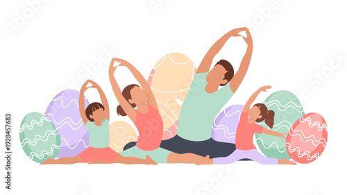 A Family doing yoga and celebrating Easter.