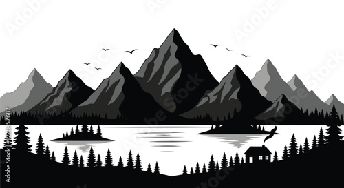 Dramatic mountain landscape with a tranquil lake and cabin silhouette