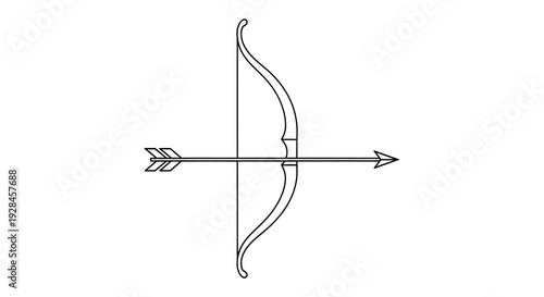 Minimalist line drawing of a bow and arrow centrally positioned on a white background