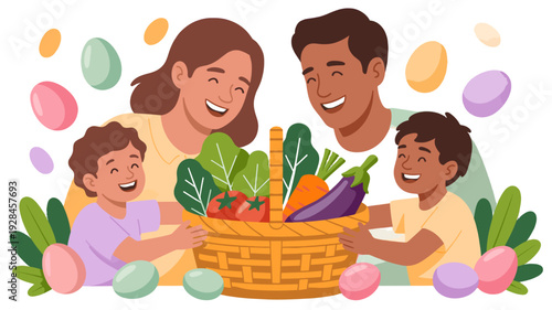 A family happily showing a basket of various vegetables and fruits.