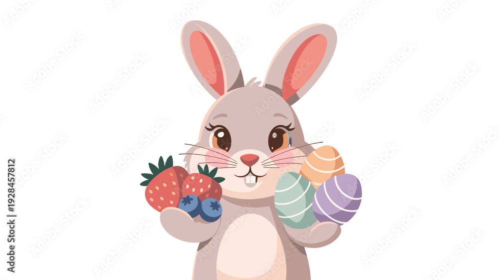 Fototapeta premium A charming Easter bunny holding vibrant eggs and fresh berries.