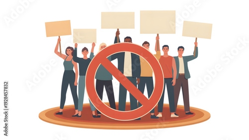 People protesting with signs and symbols.