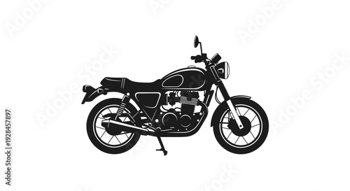 A silhouetted vintage motorcycle is depicted in a minimalist black and white style