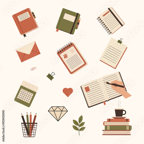 A collection of various stationery items and office supplies including notebooks, pens, books, and a coffee cup, arranged on a light background.