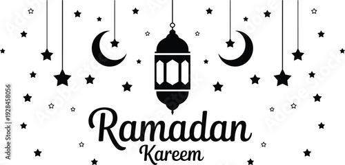 Ramadan Kareem greeting card with hanging lantern crescent moons and stars Islamic holiday background design, flat vector illustration