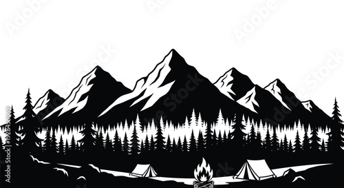 Mountain range with forest campfire and tents in black silhouette