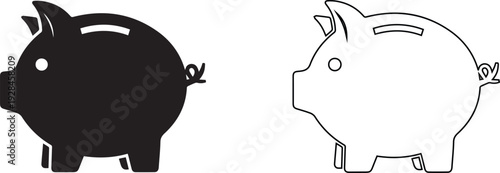 Vector Black piggy bank silhouette icon with falling coin for savings concept , Minimalist money box symbol in outline style