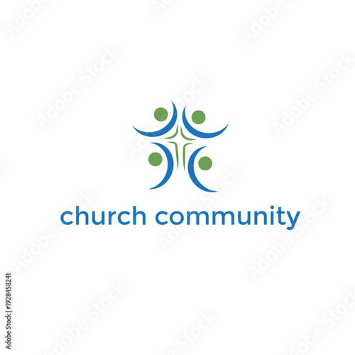 Abstract logo featuring four stylized human figures in blue and green arranged in a circle around a central cross for church community