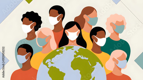 Diverse people wearing face masks globe.