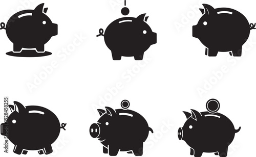 Vector Minimalist money box icon collection for financial planning and banking,black piggy bank silhouette icons for savings and investment