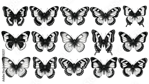 Graceful flight of diverse butterflies in monochromatic elegance Vector