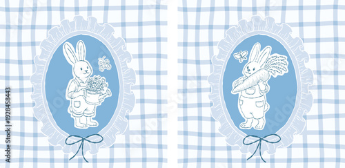 Charming hand-drawn Easter illustration set featuring vintage-style bunny boys in oval ruffled frames on a soft blue plaid background. The scenes show one bunny holding a watering can with flowers 