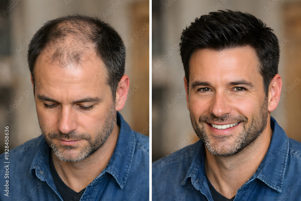 Fototapeta premium Before and after views showcasing the transformative effect of hair restoration treatment, highlighting improved hair density, rejuvenation of scalp health, and renewed confidence for cosmetic