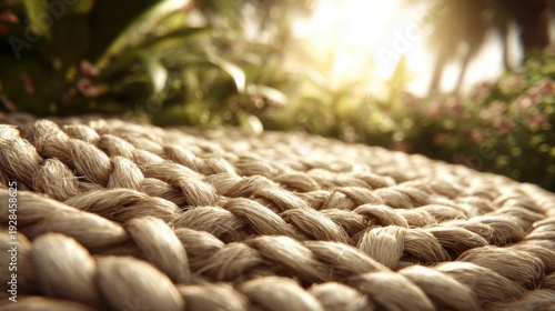 Wallpaper Mural Woven Straw Mat Texture Close-Up with Soft Sunlight and Blurred Green Foliage Background Torontodigital.ca
