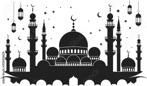 Ramadan Kareem mosque silhouette with crescent moon hanging lanterns and stars Islamic night celebration background, flat vector illustration