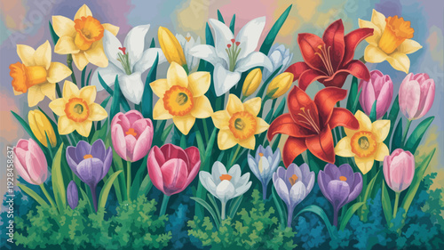 Vibrant, creative floral illustration of a colorful spring garden. Abundant blooming daffodils, lilies, tulips, and crocuses capture nature's renewal