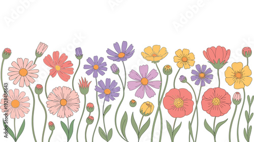 Creative minimalist abstract art border featuring vibrant hand-drawn wild flowers, delicate leaves, and diverse floral plants, perfect for a charming scribble doodle design