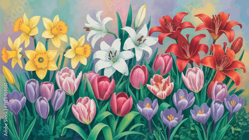 A beautiful painting of a variety of spring flowers, including daffodils, lilies, tulips, and crocuses, in a lush garden setting