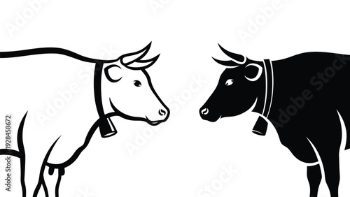 Contrast between a white cow and a black cow facing each other in a minimalist style Vector