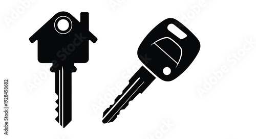 Black house key and car key depicted in striking silhouette