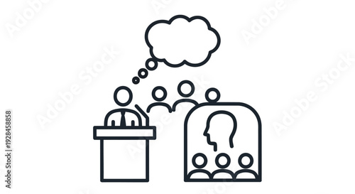 Simple line drawing of a person thinking with a speech bubble and a potted plant