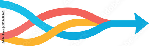 three colorful intertwining wave ribbon strands merging into single arrow for diversity collaboration teamwork communication or multicultural brand identity