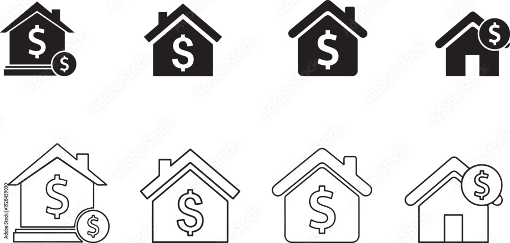 Fototapeta premium Vector minimal house with dollar sign icons for real estate investment , Minimalist black house silhouettes with dollar sign