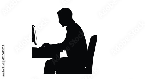 Silhouette of a person working on a computer at a desk against white