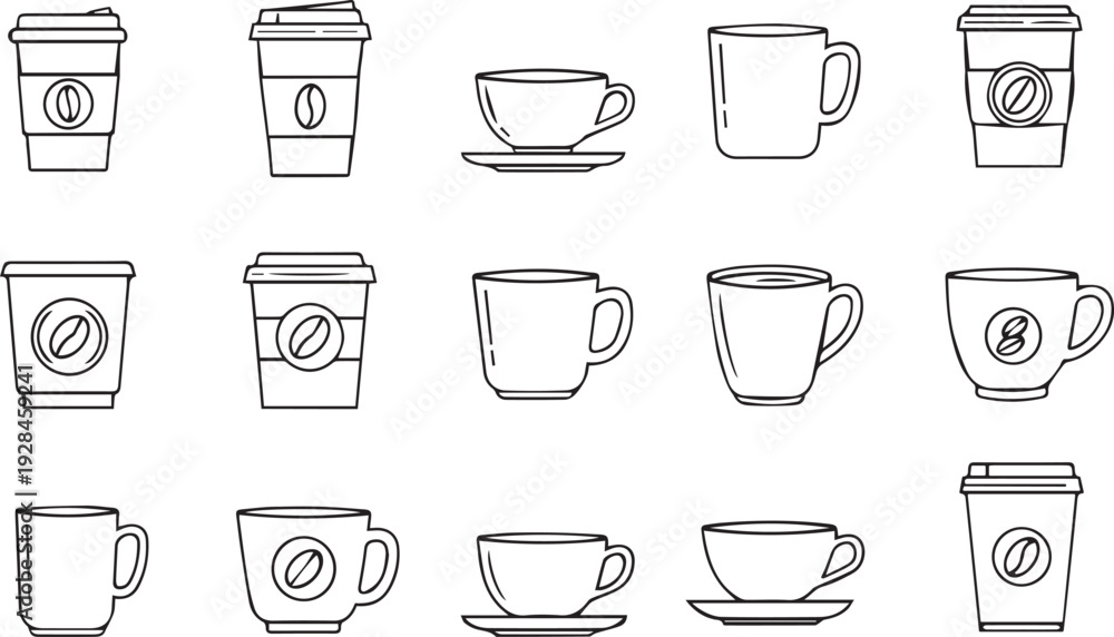 Obraz premium Vector minimalist outline coffee cup and mug icons for cafe branding,Thin line coffee to-go cups and ceramic mugs icon