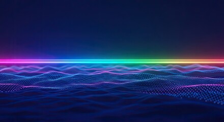 Ai generated background with neon rainbow light and dark blue pixelated landscape