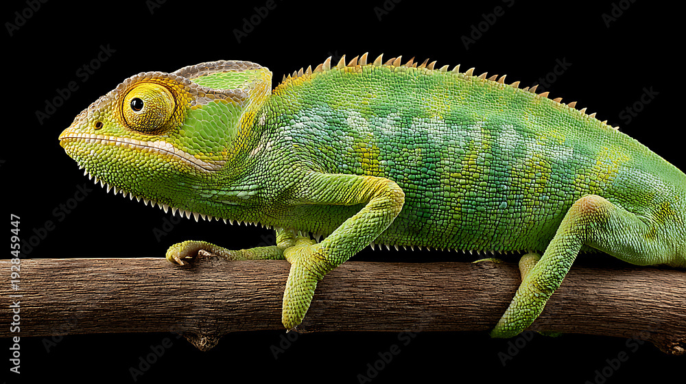 Obraz premium Green Chameleon Perched on a Branch Against Black Background