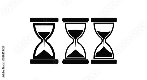 Three hourglasses displaying varying sand levels a stark silhouette