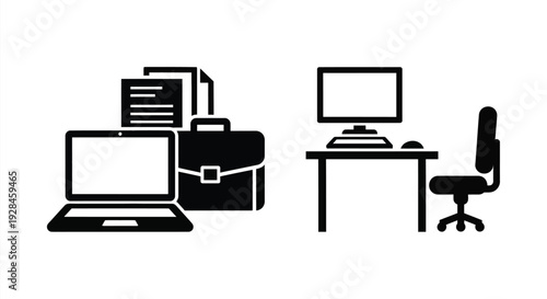 Office equipment arrangement depicted in a stark black silhouette