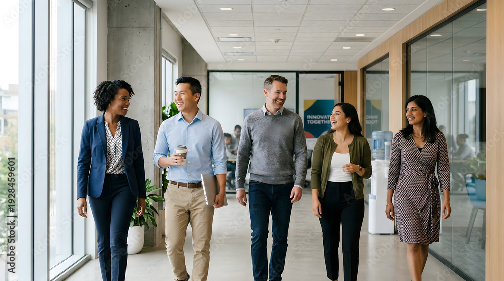 Obraz premium A group of diverse business colleagues walking together in a modern office hallway