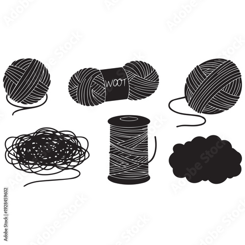 Black and white yarn balls and thread spool illustrations