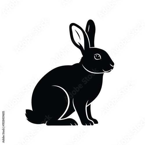 A stylized black silhouette of a sitting rabbit with upright ears and a relaxed posture. Vector