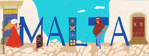 Malta text, travel around Europe, Flyer, invitation, sticker, banner. Vector hand drawn illustration.