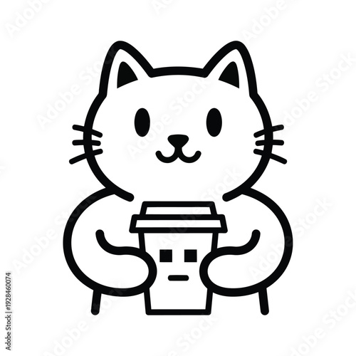 A cute cartoon cat holding a coffee cup and smiling cheerfully Vector