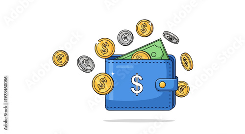Blue wallet overflowing with cash and coins, symbolizing financial wealth and savings