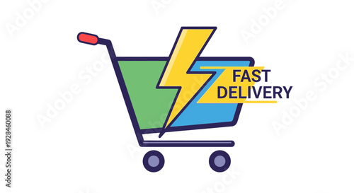 Shopping cart with a lightning bolt symbolizing fast delivery and rapid service for online purchases and express shipping solutions