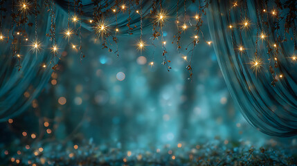 Magical Teal Curtain with Twinkling Fairy Lights and Bokeh