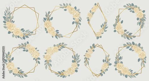 Elegant watercolor floral frames with cream roses and blue leaves on geometric golden shapes, ideal for wedding invitations and sophisticated decorative designs
