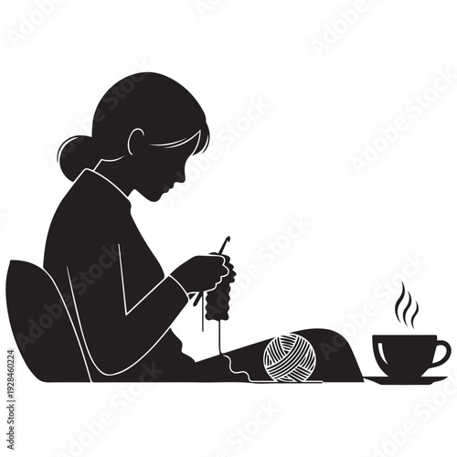 Woman relaxing with crochet and coffee in peaceful setting