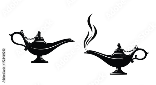 Two ornate magic lamps with rising smoke a dark silhouette