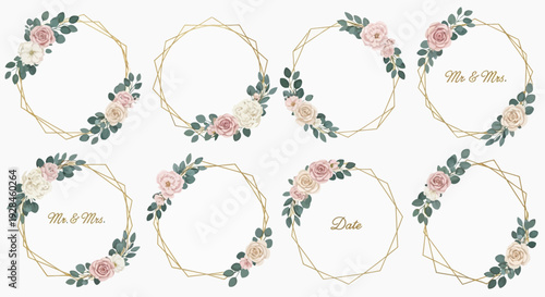 Elegant Geometric Wedding Floral Wreath Frames with Roses and Eucalyptus