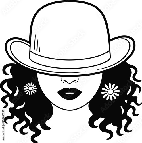 Black and White Illustration of Fashionable Woman Wearing Bowler Hat and Daisy Earrings, Silhouette Drawing Flat Vector Illustration